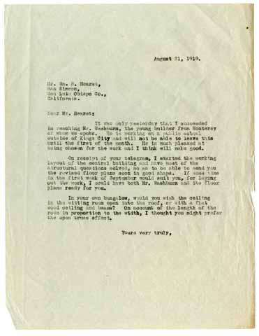 Letter from Julia Morgan to William Randolph Hearst, August 21, 1919