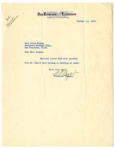 Letter from W.F. Bogart to Julia Morgan, October 1, 1919