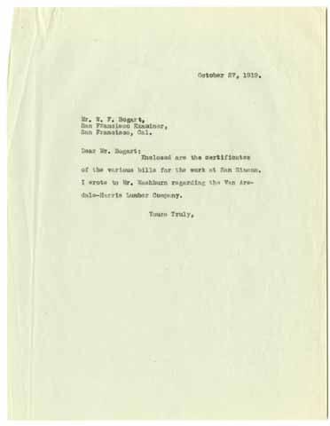 Letter from Julia Morgan to W.F. Bogart, October 27, 1919