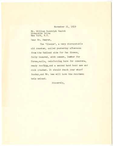 Letter from Julia Morgan to William Randolph Hearst, November 21, 1919