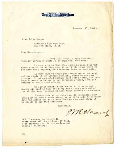 Letter from William Randolph Hearst to Julia Morgan, November 27, 1919