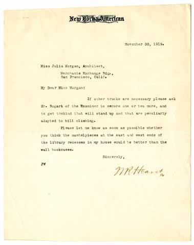 Letter from William Randolph Hearst to Julia Morgan, November 30, 1919