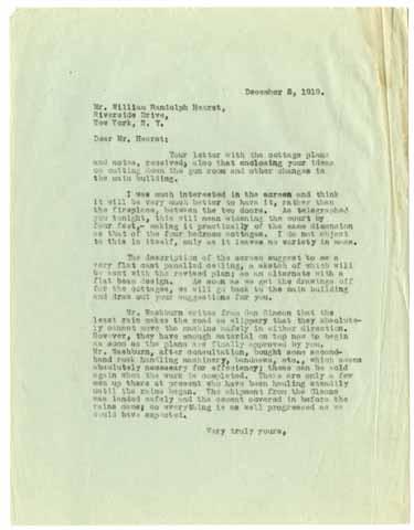 Letter from Julia Morgan to William Randolph Hearst, December 5, 1919