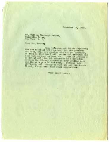 Letter from Julia Morgan to William Randolph Hearst, December 17, 1919