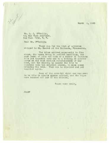 Letter from Julia Morgan to L.J. O'Reilly, March 4, 1920