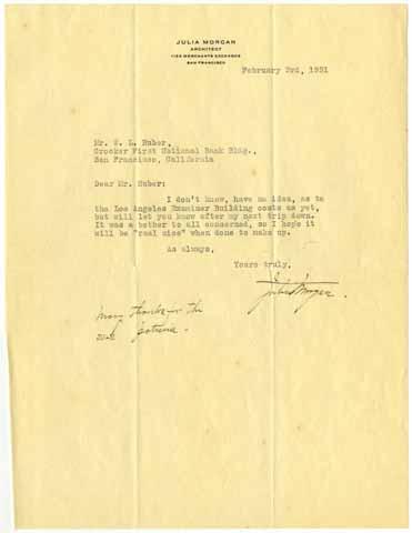 [Letter from Julia Morgan to W. L. Huber]