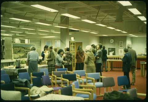[Crowd gathering, Adrian Wilson, Kennedy Library, 1982]