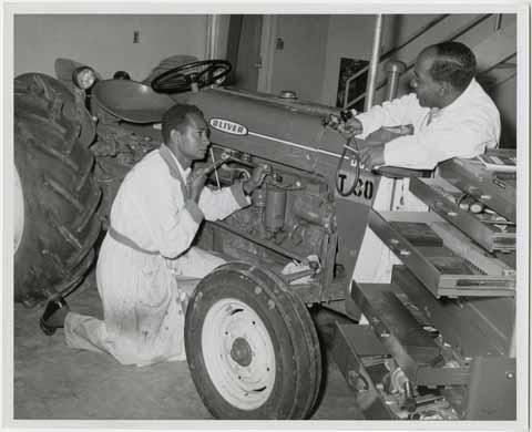[Student and professor work on tractor]