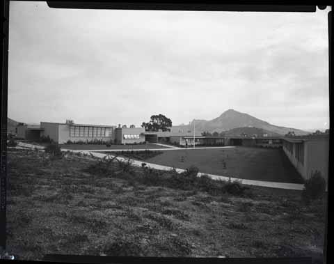 [Science building courtyard with Bishop Peak in the background]