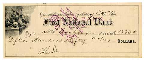 Check from Ah Louis to S. F. Exchange, January 12, 1894