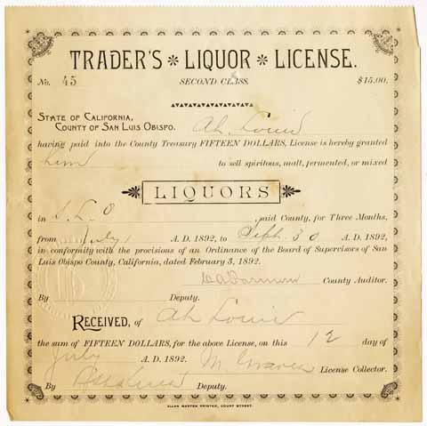 Trader's liquor license, Ah Louis, 1892