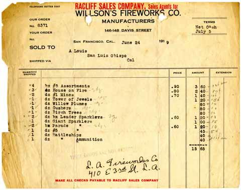 Willson's Fireworks Co. Receipt, June 24, 1919