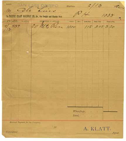 [Freight bill from the Pacific Coast Railway Company to Ah Louis]