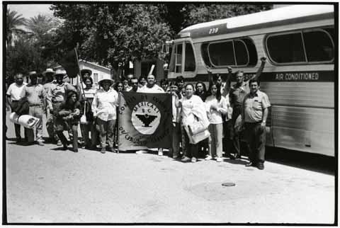 Mexicali workers and Santa Maria UFW supporters en route to a UFW strike near Yuma, Arizona, 1972
