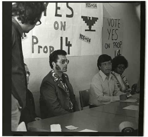 Cesar Chavez and supporters at a pro-Proposition 14 community meeting in Santa Maria