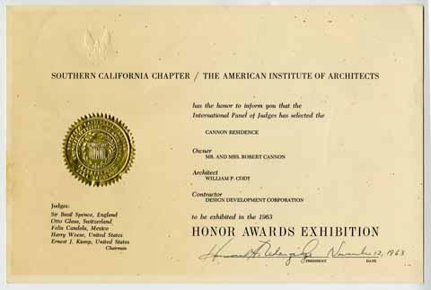 Cannon Residence Honor Awards Exhibition certificate