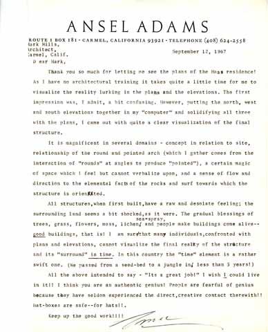 Letter from Ansel Adams to Mark Mills, September 12, 1967