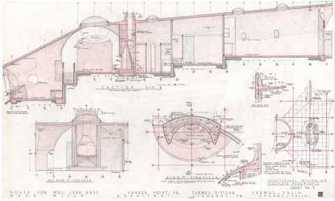House for Mrs. June Hass, longitudinal section G-G, fireplace plan and details, sheet no. 7