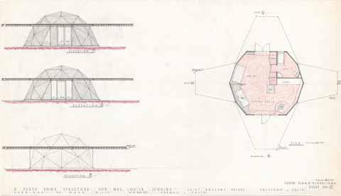 A Pease dome structure for Mrs. Louisa Jenkins, Valyermo, CA, floor plan and elevations, sheet no. 2