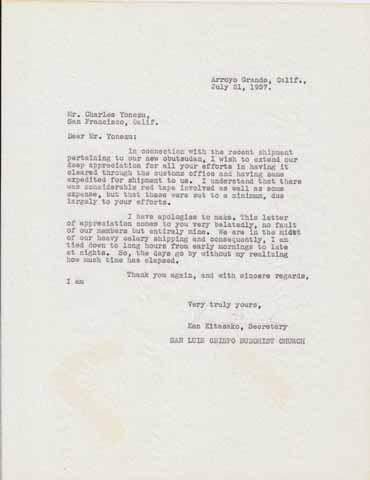 Letter to Mr. Charles Yonezu from Ken Kitasako, San Luis Obispo Buddhist Temple