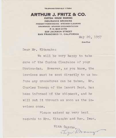 Letter from Chizuko Iwanaga (Arthur J. Fritz & Co.) to Ken Kitasako, Secretary of San Luis Obispo Bu