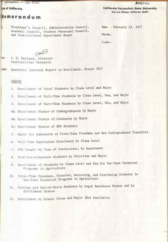 Quarterly Internal Report on Enrollment, Winter 1977