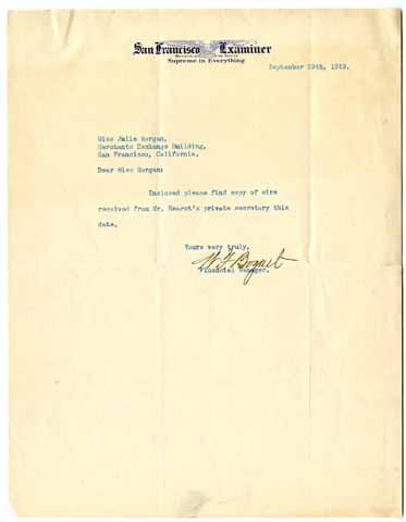 Letter from W.F. Bogart to Julia Morgan, September 29, 1919
