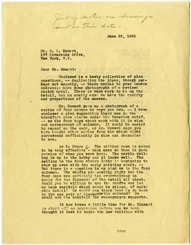 Letter from Julia Morgan to William Randolph Hearst, June 22, 1922