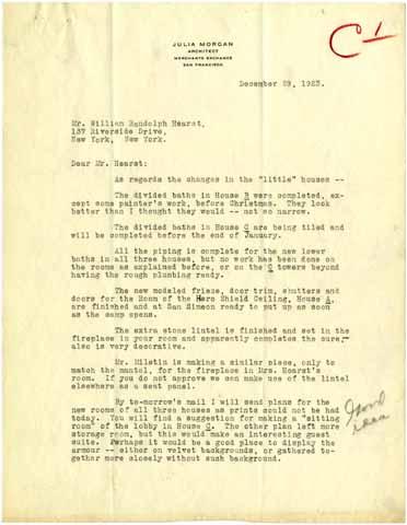 Letter from Julia Morgan to William Randolph Hearst, December 29, 1923