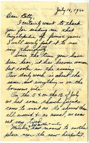 Correspondence from Hideo Watanabe to Betty Salzman, July 16, 1942