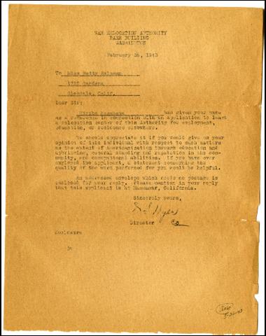 Request for Letter of Recommendation from the War Relocation Authority to Betty Salzman