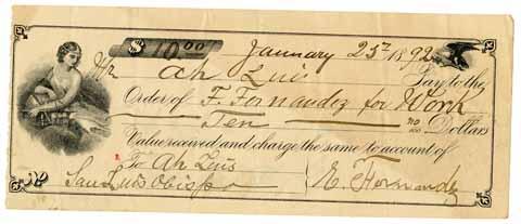 Check from Ah Luis to F. Fernandez, January 25, 1892