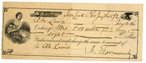 Check from Ah Luis to Mrs. Forester, January 26, 1892