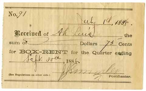 Box-rent receipt, July 1888