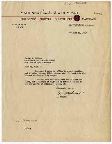 Letter from Alex Madonna to Julian A. McPhee, October 10, 1947